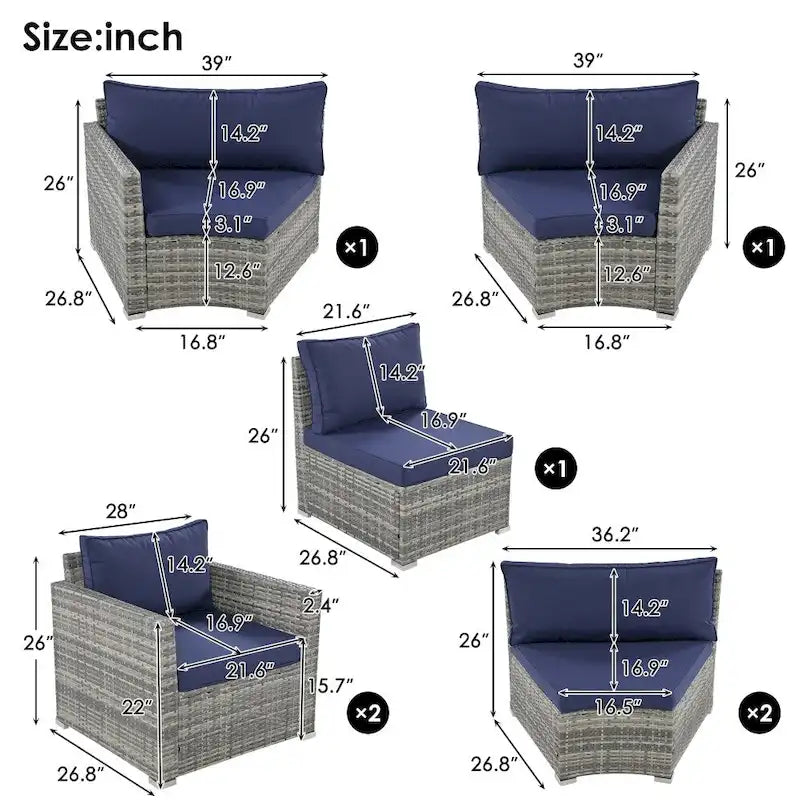 9-Pieces Outdoor Half-moon Patio Sofa Set Gray Wicker and Blue Cushion