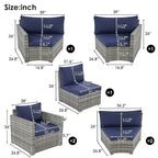 9-Pieces Outdoor Half-moon Patio Sofa Set Gray Wicker and Blue Cushion