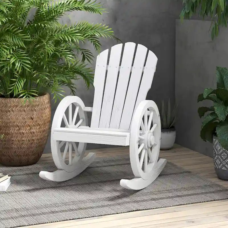 Wooden Adirondack Rocker Chair w/ Slatted Design and Oversized Back