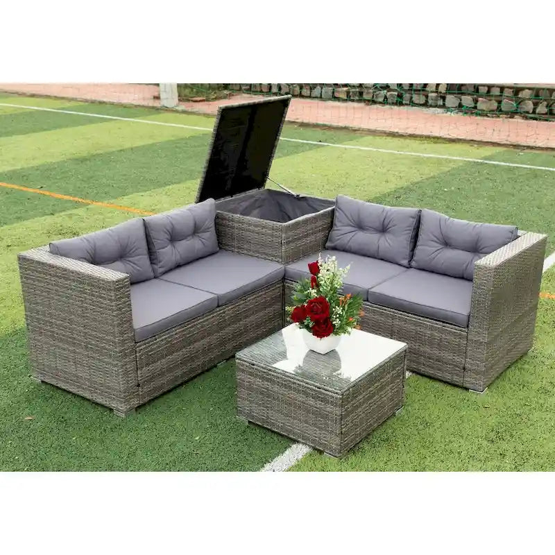 Grey 4-Piece Patio Sectional Wicker Rattan Outdoor Furniture Sofa Set with Storage Box - 47.2 x 25.6 x 25.6