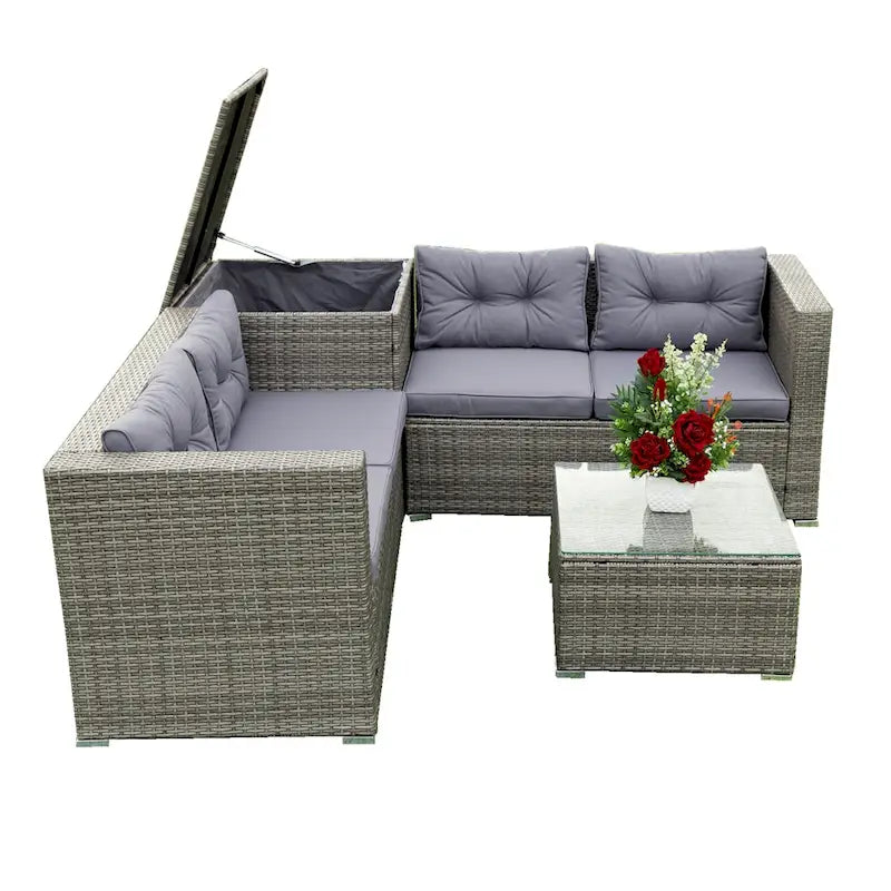 Grey 4-Piece Patio Sectional Wicker Rattan Outdoor Furniture Sofa Set with Storage Box - 47.2 x 25.6 x 25.6