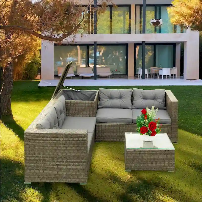 Grey 4-Piece Patio Sectional Wicker Rattan Outdoor Furniture Sofa Set with Storage Box - 47.2 x 25.6 x 25.6