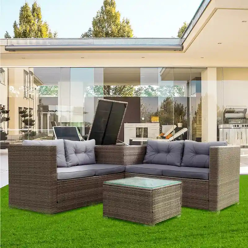 Grey 4-Piece Patio Sectional Wicker Rattan Outdoor Furniture Sofa Set with Storage Box - 47.2 x 25.6 x 25.6