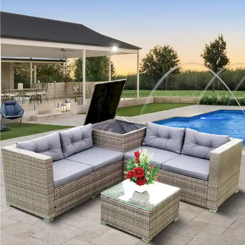 Grey 4-Piece Patio Sectional Wicker Rattan Outdoor Furniture Sofa Set with Storage Box - 47.2 x 25.6 x 25.6