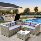 Grey 4-Piece Patio Sectional Wicker Rattan Outdoor Furniture Sofa Set with Storage Box - 47.2 x 25.6 x 25.6
