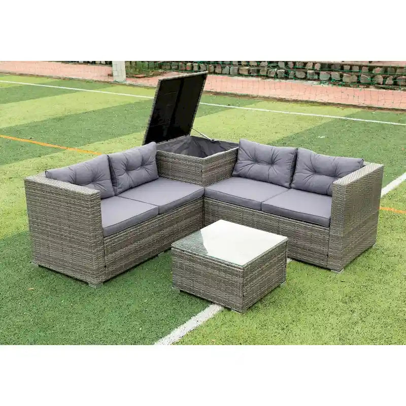 Grey 4-Piece Patio Sectional Wicker Rattan Outdoor Furniture Sofa Set with Storage Box - 47.2 x 25.6 x 25.6