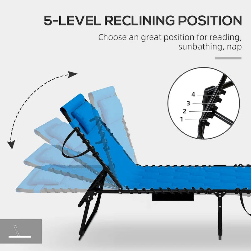 Folding Chaise Lounge Set with 5-level Reclining Back, Lounge Tanning Chair with Padded Seat, Side Pocket & Headrest
