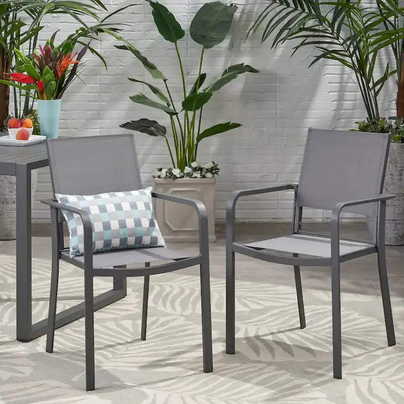 Outdoor Modern Aluminum Dining Chair with Mesh Seat (Set of 2), Gun Metal Gray and Dark Gray