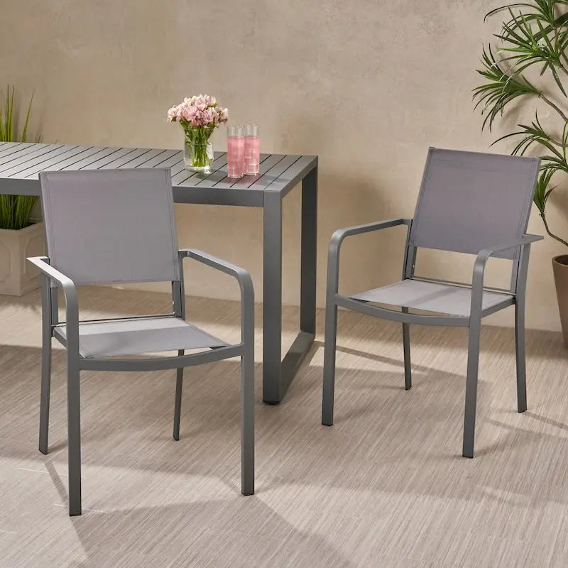 Outdoor Modern Aluminum Dining Chair with Mesh Seat (Set of 2), Gun Metal Gray and Dark Gray