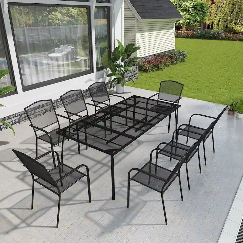 Rectangular iron mesh table with chair (set of 9)