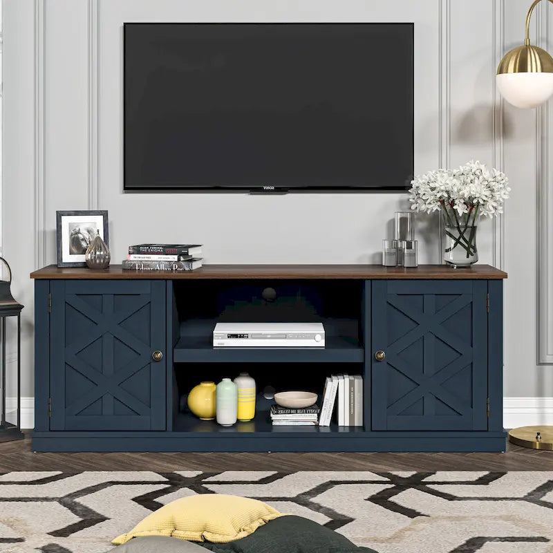 64 in. Farmhouse TV Stand with Swing Doors and Adjustable Shelves – White Wash / Blue