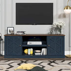 64 in. Farmhouse TV Stand with Swing Doors and Adjustable Shelves – White Wash / Blue