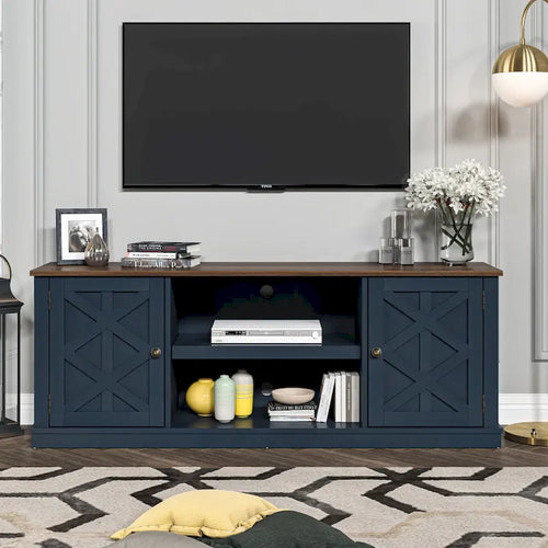 64 in. Farmhouse TV Stand with Swing Doors and Adjustable Shelves – White Wash / Blue