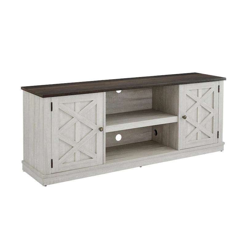64 in. Farmhouse TV Stand with Swing Doors and Adjustable Shelves – White Wash / Blue