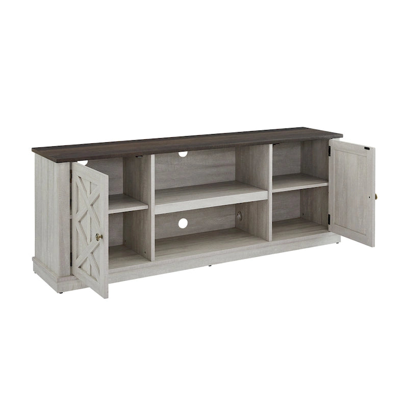 64 in. Farmhouse TV Stand with Swing Doors and Adjustable Shelves – White Wash / Blue