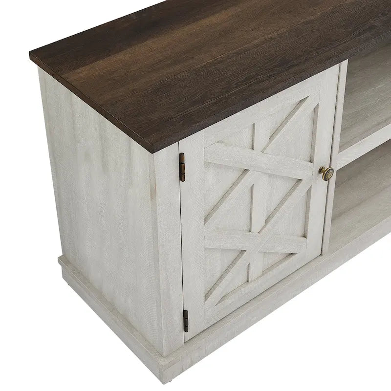64 in. Farmhouse TV Stand with Swing Doors and Adjustable Shelves – White Wash / Blue