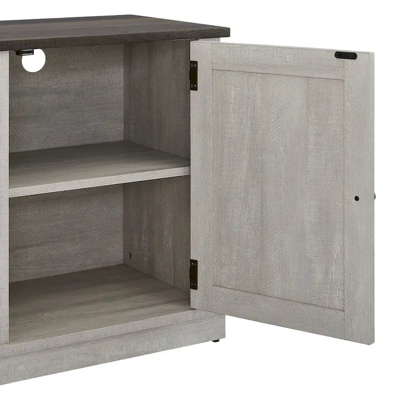 64 in. Farmhouse TV Stand with Swing Doors and Adjustable Shelves – White Wash / Blue