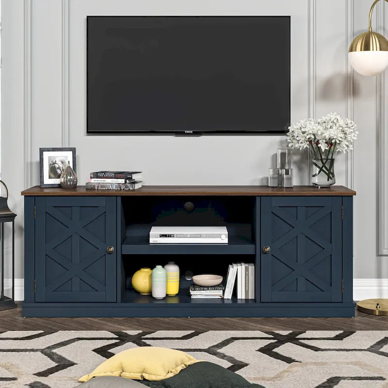 64 in. Farmhouse TV Stand with Swing Doors and Adjustable Shelves – White Wash / Blue