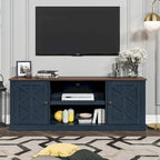 64 in. Farmhouse TV Stand with Swing Doors and Adjustable Shelves – White Wash / Blue