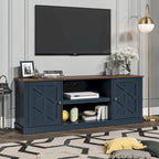 64 in. Farmhouse TV Stand with Swing Doors and Adjustable Shelves – White Wash / Blue
