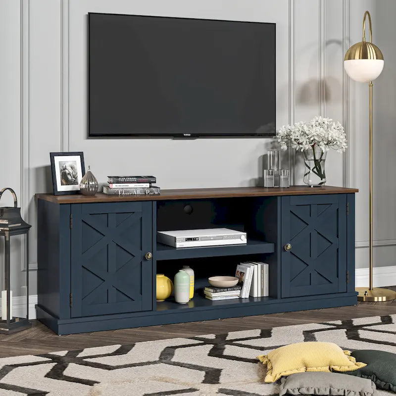 64 in. Farmhouse TV Stand with Swing Doors and Adjustable Shelves – White Wash / Blue
