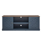 64 in. Farmhouse TV Stand with Swing Doors and Adjustable Shelves – White Wash / Blue