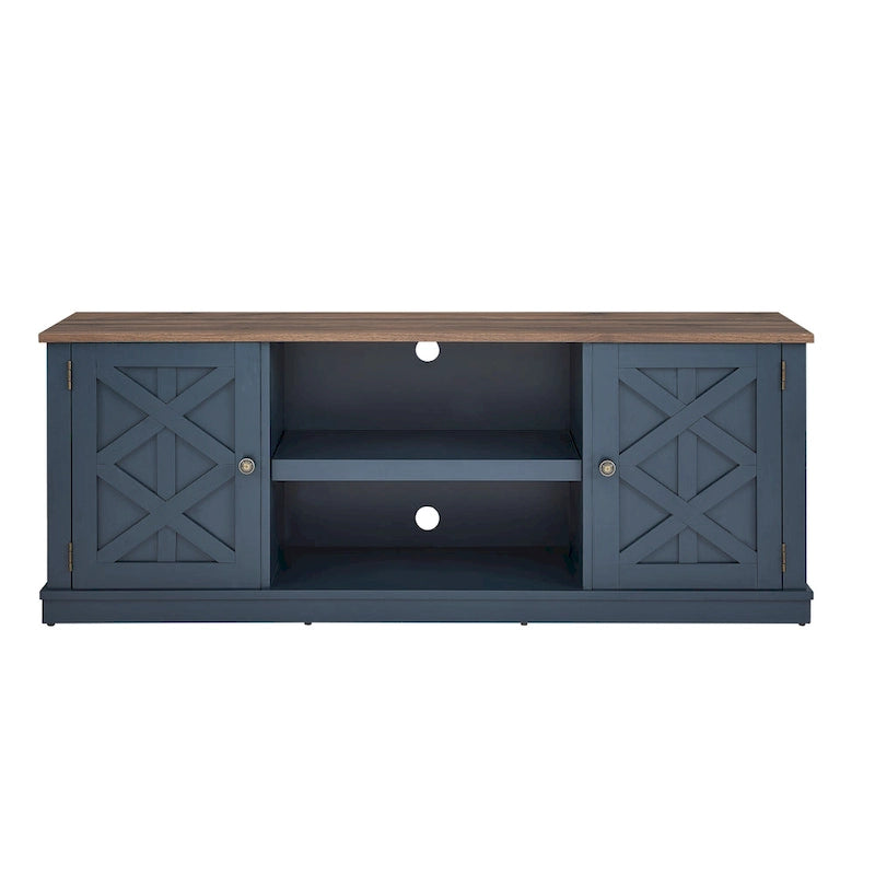 64 in. Farmhouse TV Stand with Swing Doors and Adjustable Shelves – White Wash / Blue