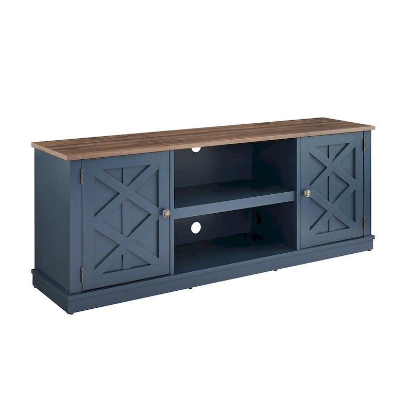 64 in. Farmhouse TV Stand with Swing Doors and Adjustable Shelves – White Wash / Blue