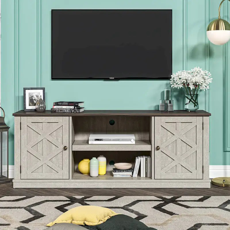 64 in. Farmhouse TV Stand with Swing Doors and Adjustable Shelves – White Wash / Blue