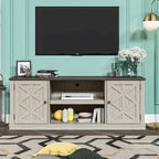 64 in. Farmhouse TV Stand with Swing Doors and Adjustable Shelves – White Wash / Blue