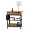 Wood Top End Table with Charging Station & Storage Bag – Brown, Metal Frame, Modern Style
