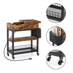 Wood Top End Table with Charging Station & Storage Bag – Brown, Metal Frame, Modern Style