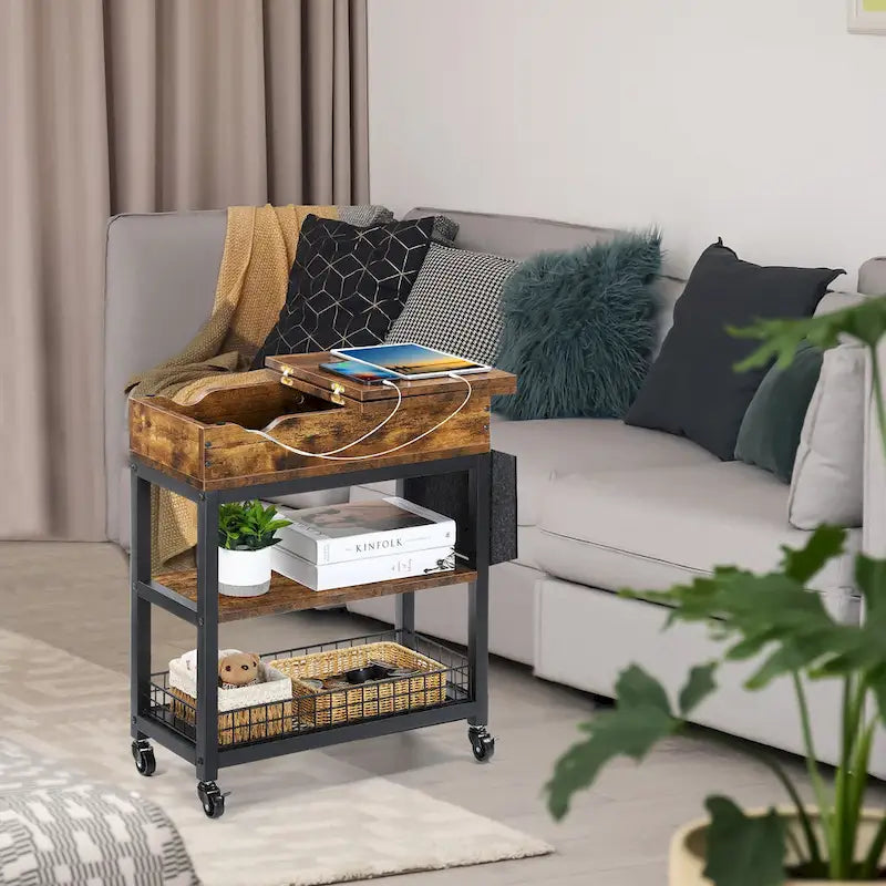 Wood Top End Table with Charging Station & Storage Bag – Brown, Metal Frame, Modern Style