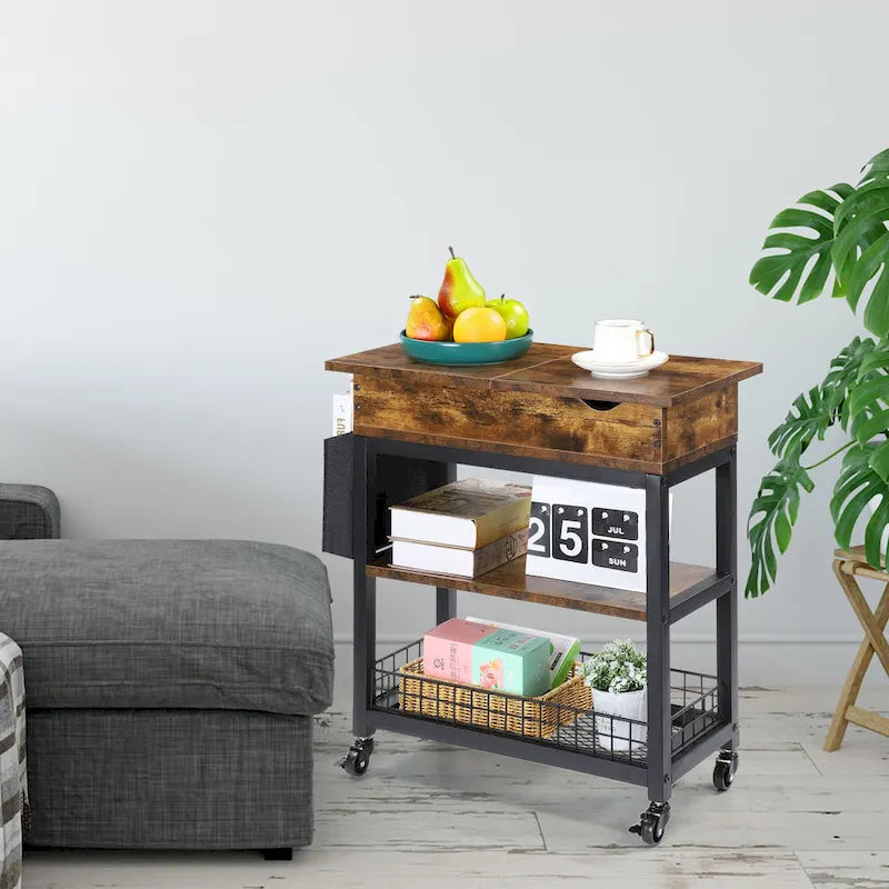 Wood Top End Table with Charging Station & Storage Bag – Brown, Metal Frame, Modern Style