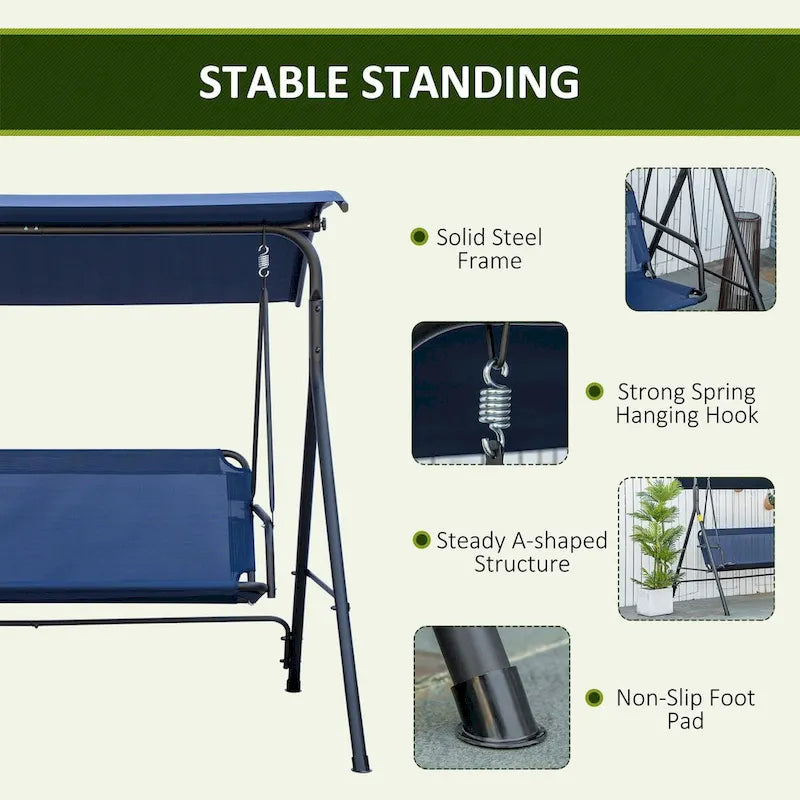 Outdoor 3-Person Porch Swing Bench with Steel Frame,Adjustable Canopy and Armrests