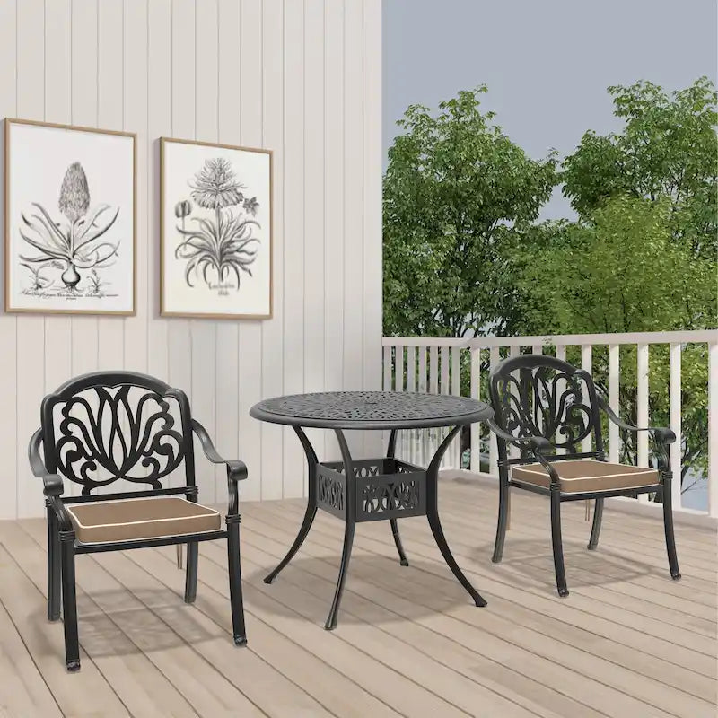 3/5-Piece Cast Aluminum Outdoor Dining Set with 35.43 in. Round Table and Random Color Seat Cushions