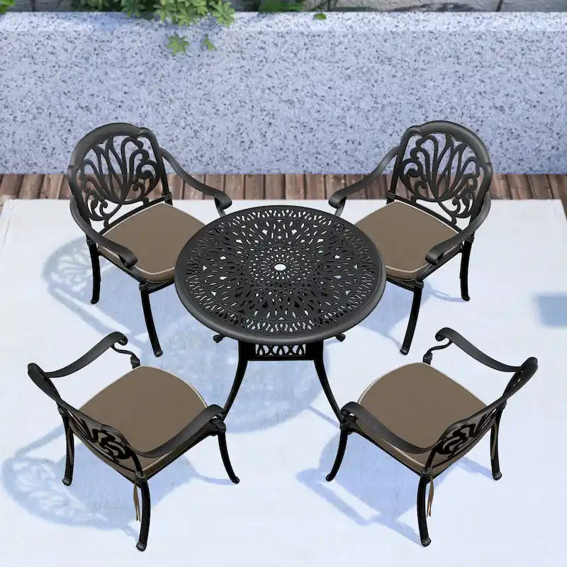 3/5-Piece Cast Aluminum Outdoor Dining Set with 35.43 in. Round Table and Random Color Seat Cushions