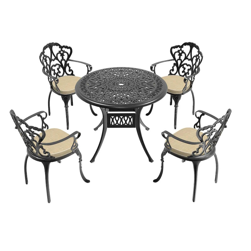 3/5-Piece Cast Aluminum Outdoor Dining Set with 35.43 in. Round Table and Random Color Seat Cushions