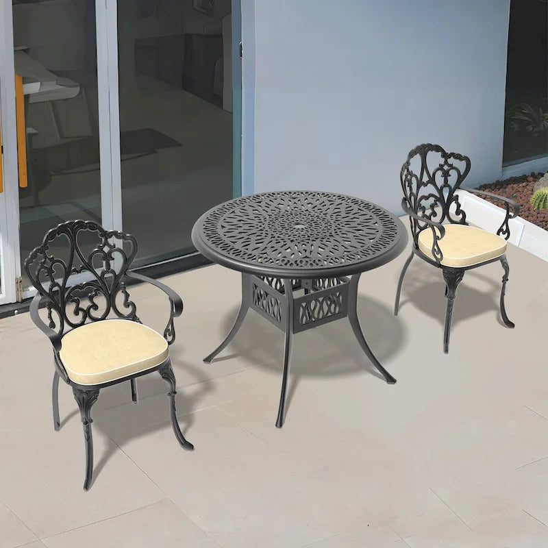 3/5-Piece Cast Aluminum Outdoor Dining Set with 35.43 in. Round Table and Random Color Seat Cushions