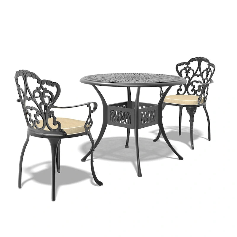 3/5-Piece Cast Aluminum Outdoor Dining Set with 35.43 in. Round Table and Random Color Seat Cushions