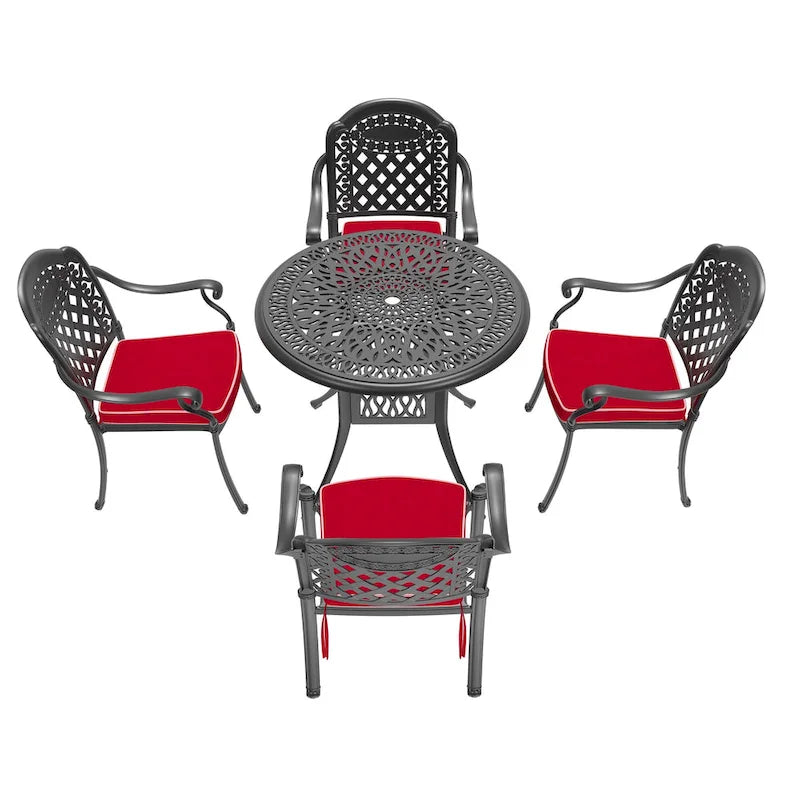 3/5-Piece Cast Aluminum Outdoor Dining Set with 35.43 in. Round Table and Random Color Seat Cushions