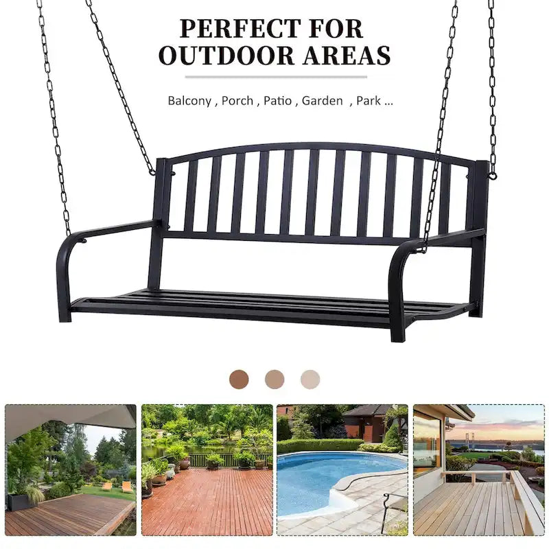 Patio 2-Person Porch Swing Bench, Outdoor Steel Swing Chair with Sturdy Chains