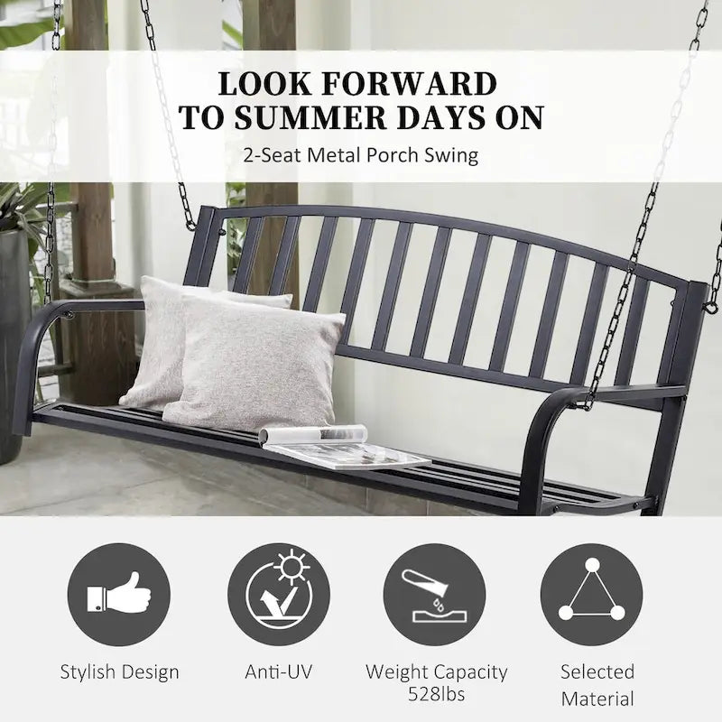 Patio 2-Person Porch Swing Bench, Outdoor Steel Swing Chair with Sturdy Chains