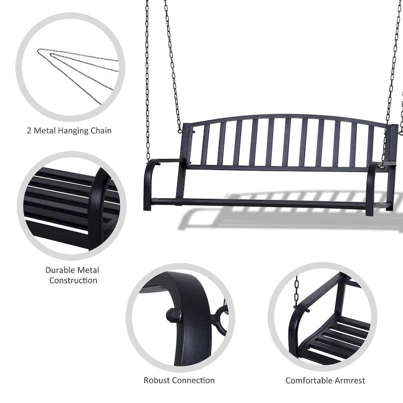 Patio 2-Person Porch Swing Bench, Outdoor Steel Swing Chair with Sturdy Chains