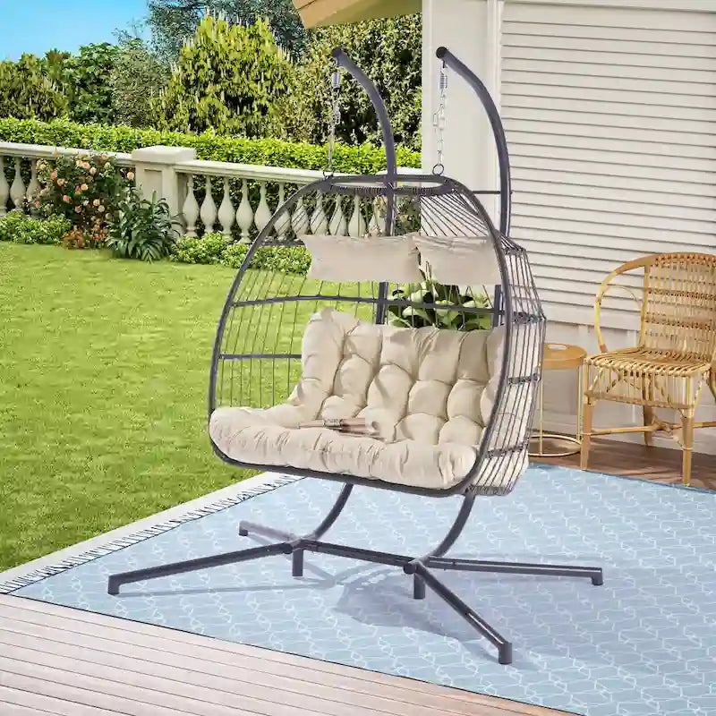 2 Person Outdoor Rattan Hanging Chair Patio Wicker Egg Chair