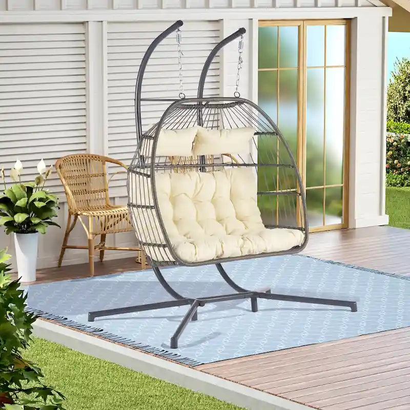 2 Person Outdoor Rattan Hanging Chair Patio Wicker Egg Chair