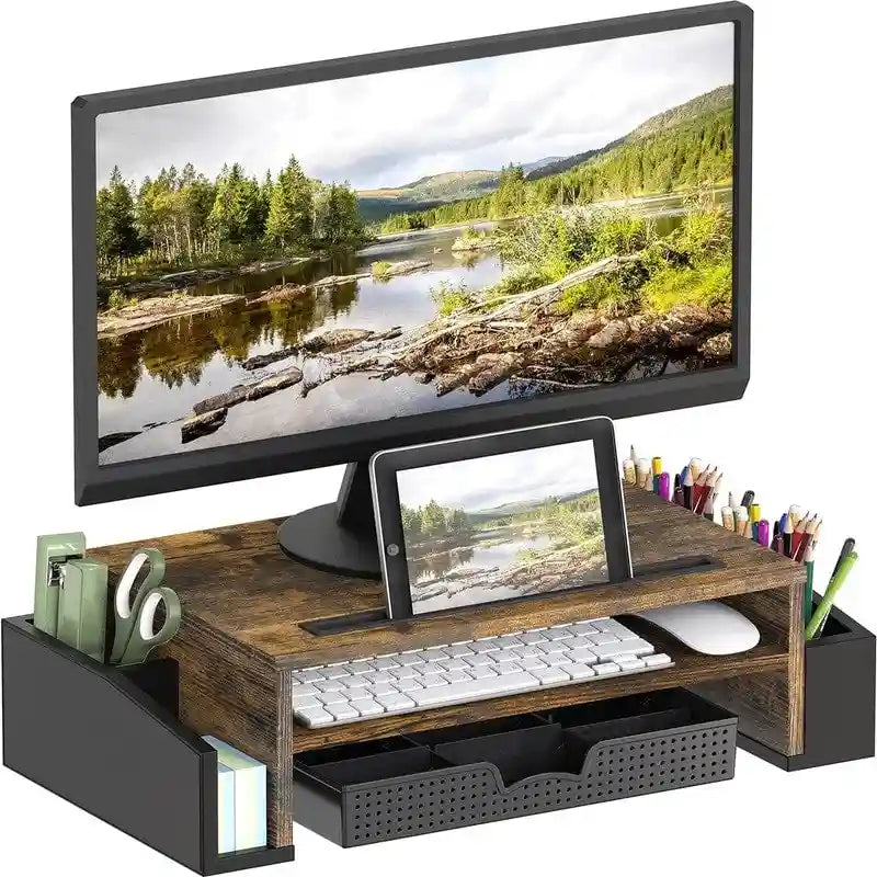 Monitor Stand Riser with Sliding Drawer – Rustic Brown / Black / Maple / Espresso / White / Oak, Single User