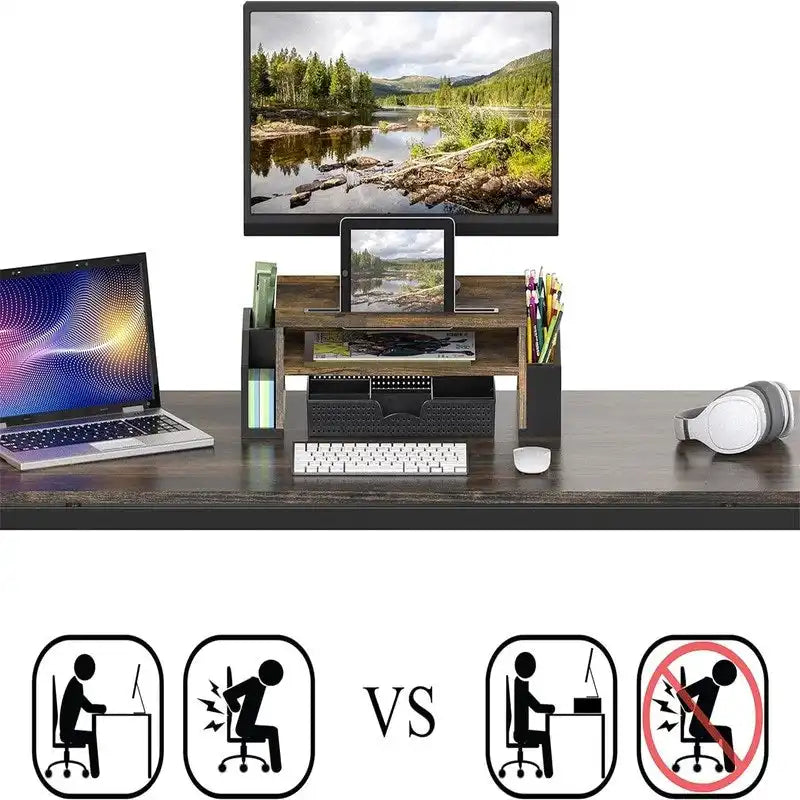 Monitor Stand Riser with Sliding Drawer – Rustic Brown / Black / Maple / Espresso / White / Oak, Single User