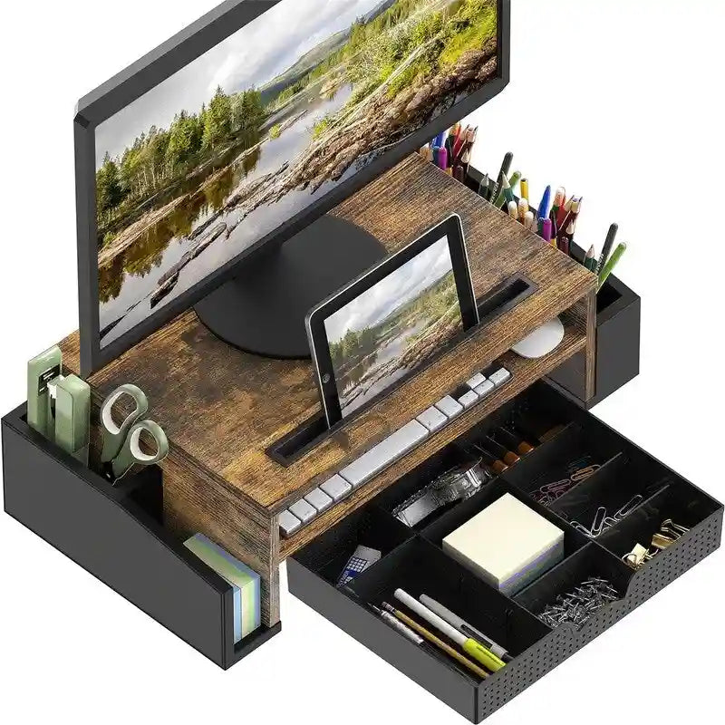 Monitor Stand Riser with Sliding Drawer – Rustic Brown / Black / Maple / Espresso / White / Oak, Single User
