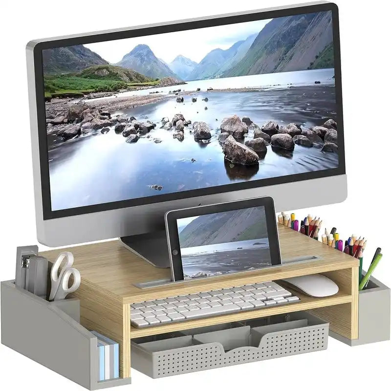 Monitor Stand Riser with Sliding Drawer – Rustic Brown / Black / Maple / Espresso / White / Oak, Single User